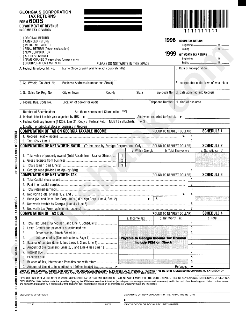 Form 600s/s-Ca - Georgia S Corporation Tax Returns - Consent Agreement Of Nonresident Stockholders Of S Corporations 1998-1999