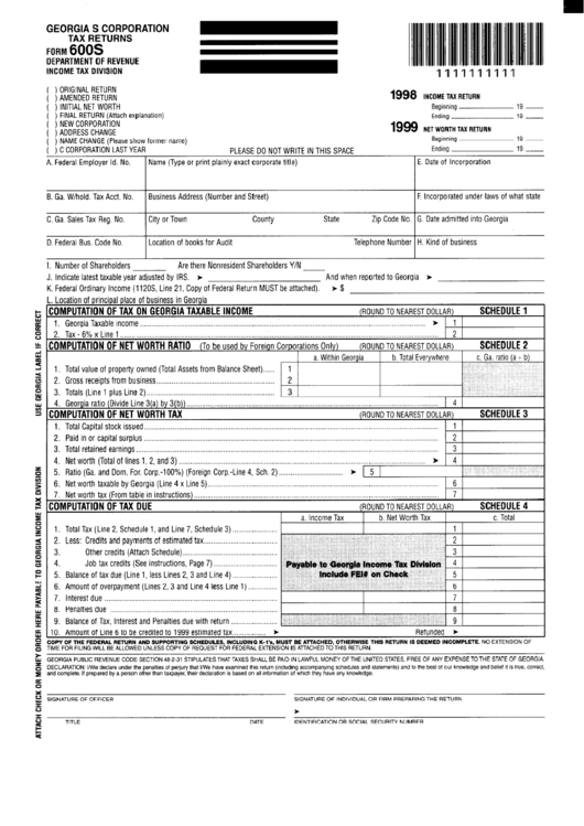 Form 600s/s-Ca - Georgia S Corporation Tax Returns - Consent Agreement Of Nonresident Stockholders Of S Corporations 1998-1999 Printable pdf