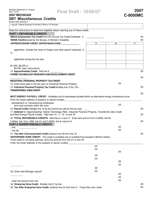 Form C-8000mc Final Draft - Sbt Miscellaneous Credits - 2007 Printable pdf
