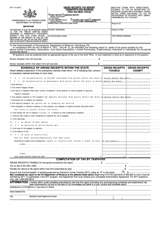 Fillable Form Rct-113 - Gross Receipts Tax Report Transportation Business - Commonwealth Of Pennsylvania Department Of Revenue Printable pdf