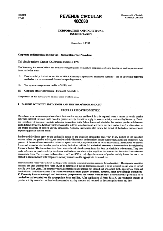Instructions For Corporation And Individual Income Taxes Form 40c030 - 1997 Printable pdf