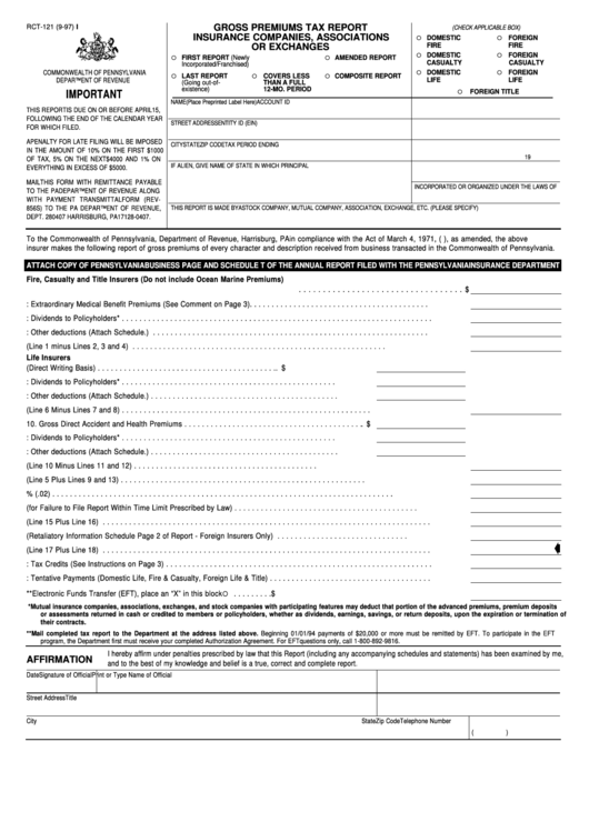 Fillable Form Rct-121 - Gross Premiums Tax Report Insurance Companies, Associations Or Exchanges -Commonwealth Of Pennsylvania Printable pdf