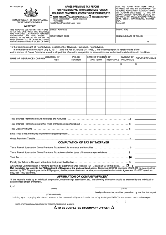 Fillable Form Rct-122 - Gross Premiums Tax Report For Premiums Paid To Unauthorized Foreign Insurance Companies, Associations, Exchanges Printable pdf