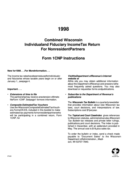 Instructions For Combined Wisconsin Individual And Fiduciary Income Tax Return For Nonresident Partners Form 1cnp 1998 Printable pdf