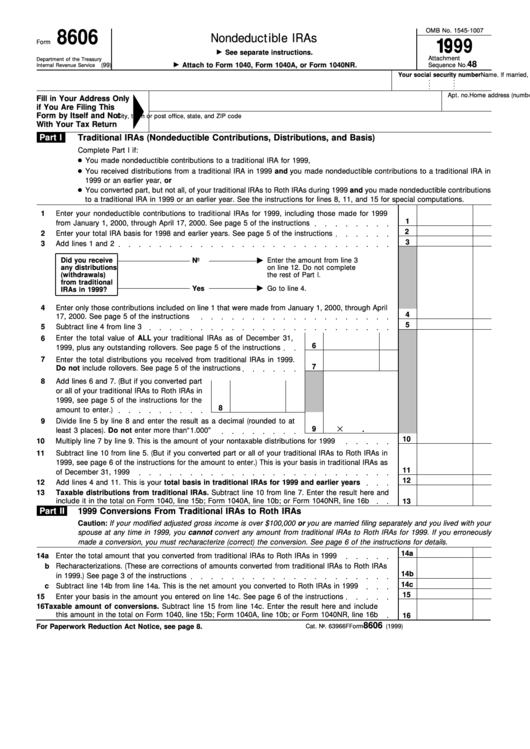 Form 8606 - Nondeductible Iras - 1999 Printable pdf