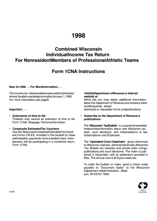 Instructions For Combined Wisconsin Individual Income Tax Return For Nonresident Members Of Professional Athletic Teams Form 1cna 1998 Printable pdf