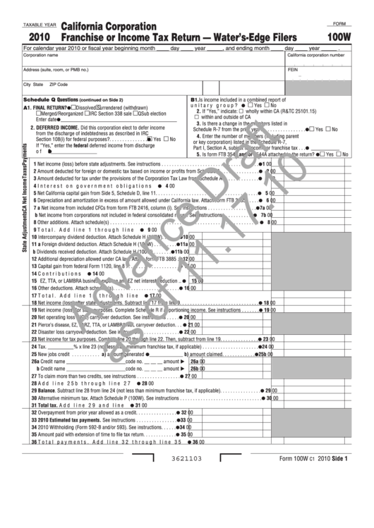 Form 100w Draft - California Corporation Franchise Or Income Tax Return - Water