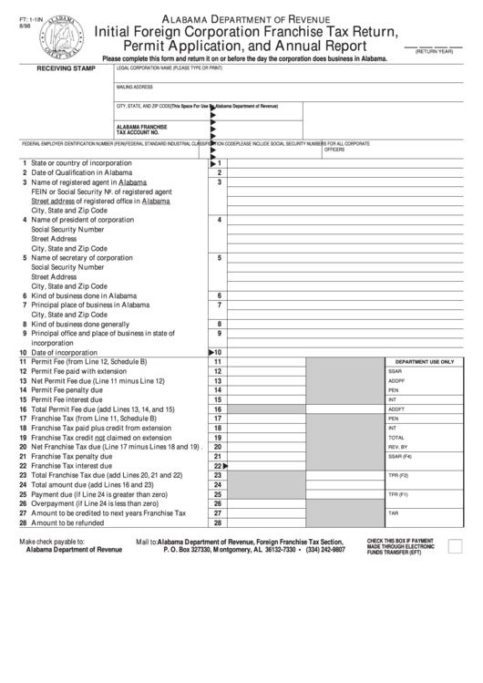 Fillable Form Ft: 1-1in - Initial Foreign Corporation Franchise Tax Return, Permit Application, And Annual Report Printable pdf