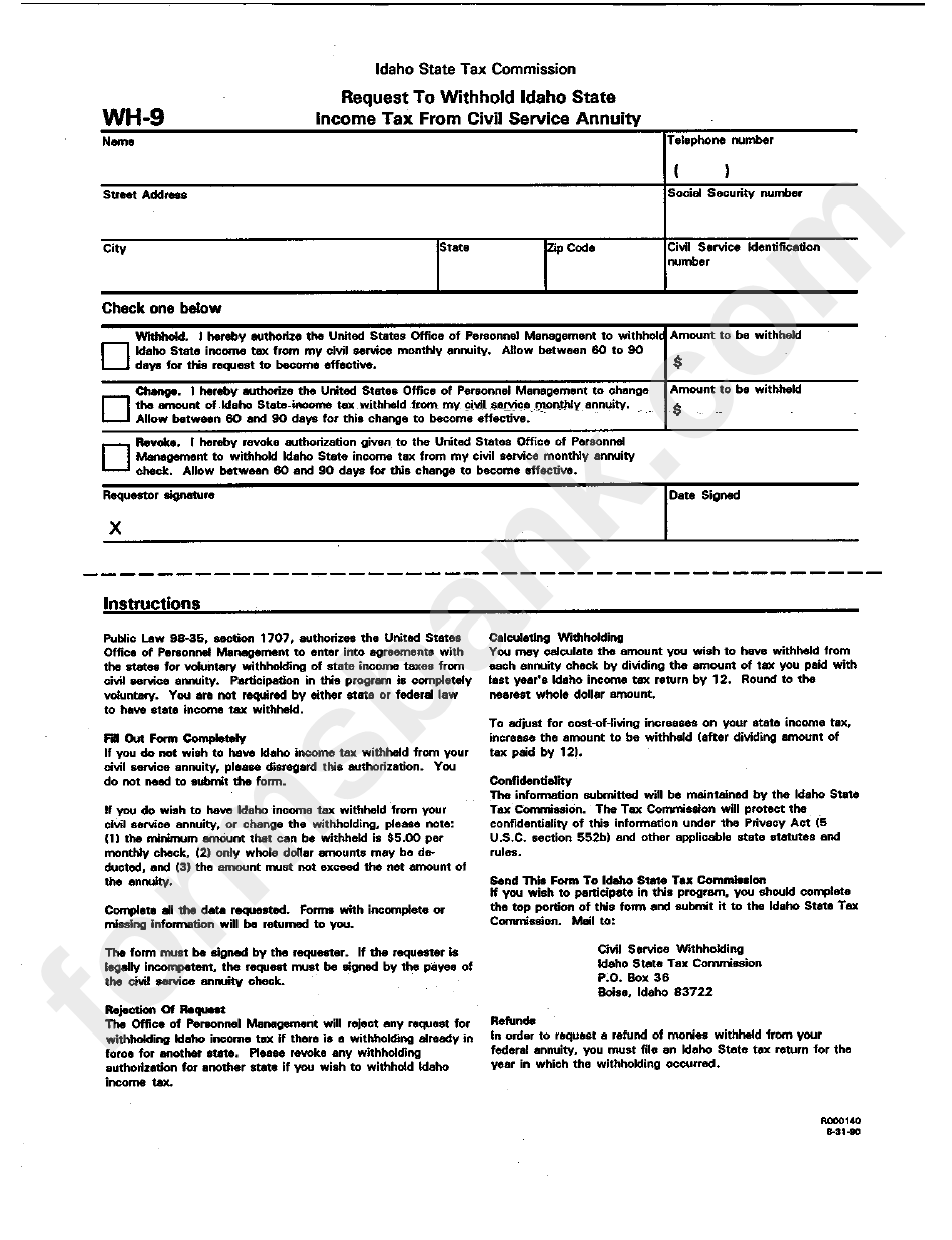 Form Wh9 Request To Withhold Idaho State Tax Form Civil