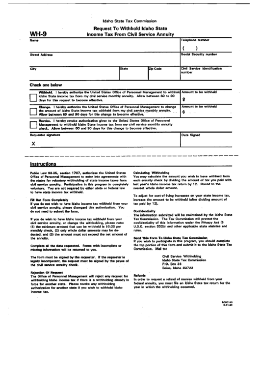 Form Wh-9 - Request To Withhold Idaho State Income Tax Form Civil Service Annuity Printable pdf