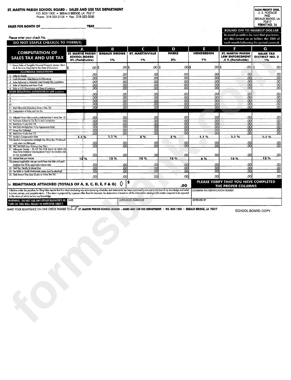 Computation Of Sales Tax And Use Tax Form - St.martin Parish School Board - Sales And Use Tax Department