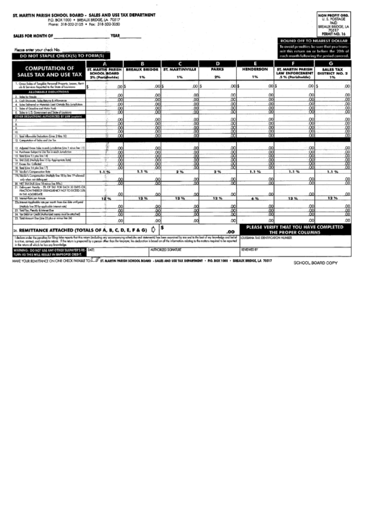 Computation Of Sales Tax And Use Tax Form - St.martin Parish School Board - Sales And Use Tax Department Printable pdf