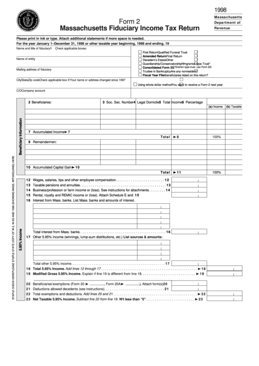 Fillable Form 2 - Massachusetts Fiduciary Income Tax Return - 1998 Printable pdf