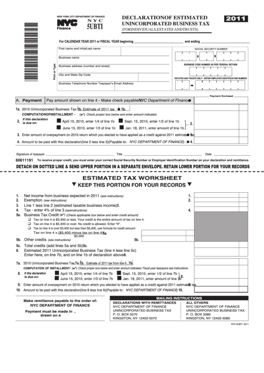 Form Nyc 5ubti - Declaration Of Estimated Unincorporated Business Tax (For Individuals, Estates And Trusts) - 2011 Printable pdf