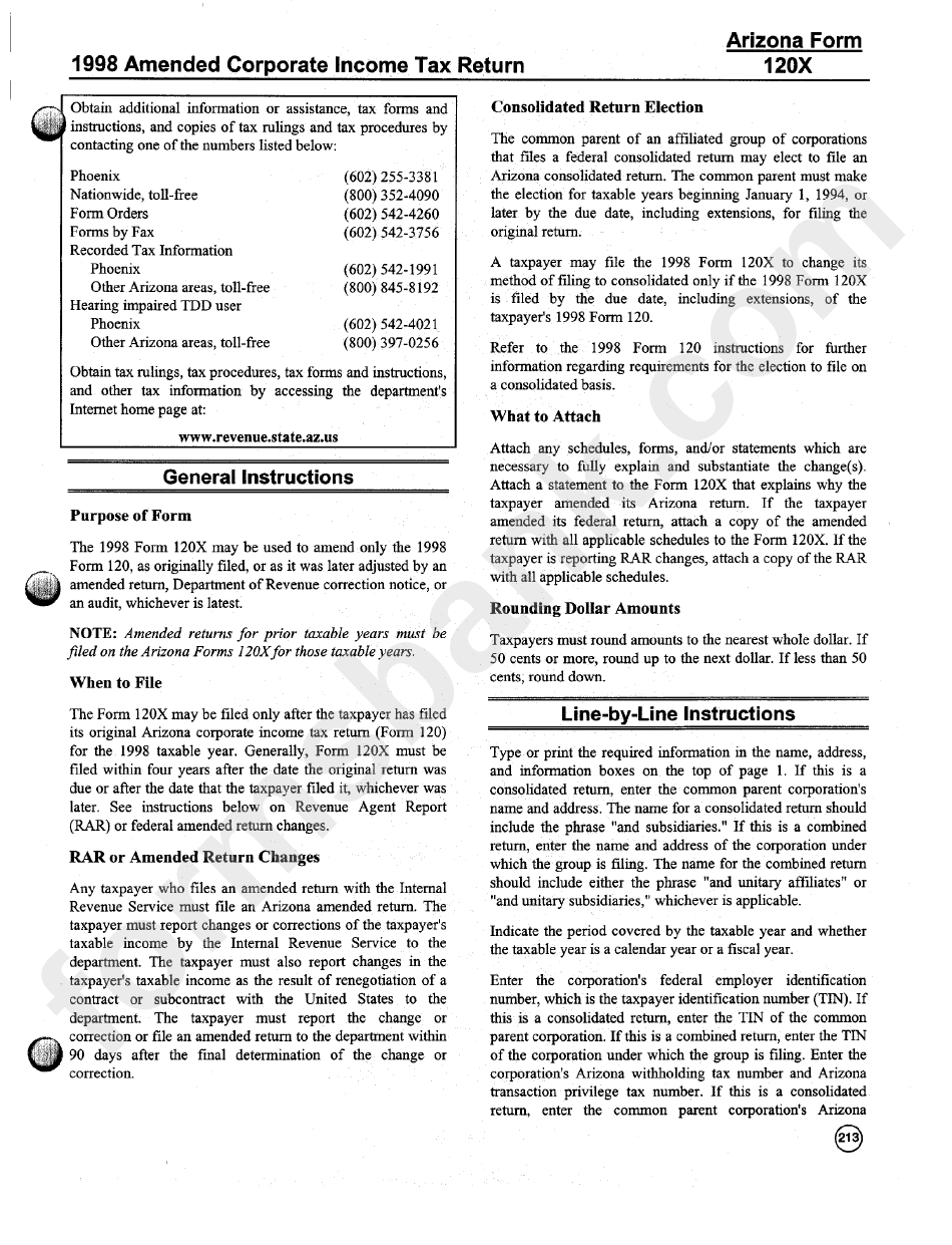Instructions For Form 120x - Amended Corporate Income Tax Return - 1998
