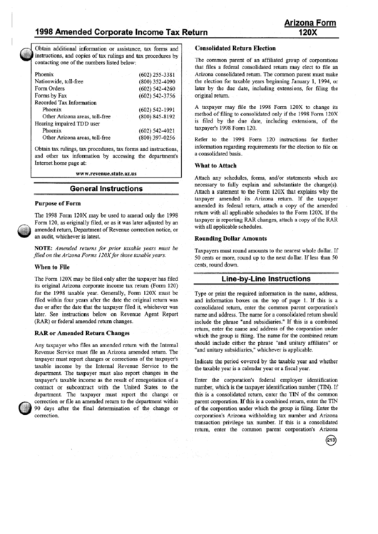 Instructions For Form 120x - Amended Corporate Income Tax Return - 1998 Printable pdf