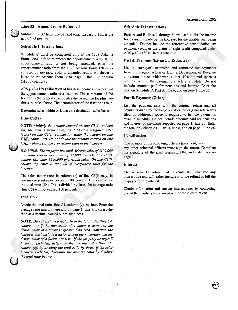 Instructions For Form 120x - Amended Corporate Income Tax Return - 1998