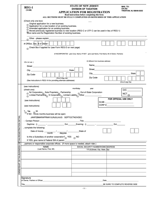 Fillable Form Reg-1 - Application For Registration - 1996 Printable pdf