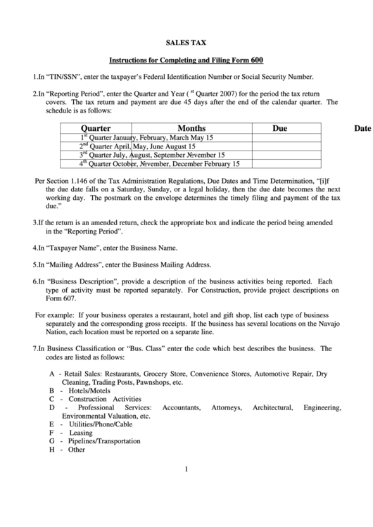Instructions For Completing And Filing Form 600 - Sales Tax - Navajo Tax Commission Printable pdf