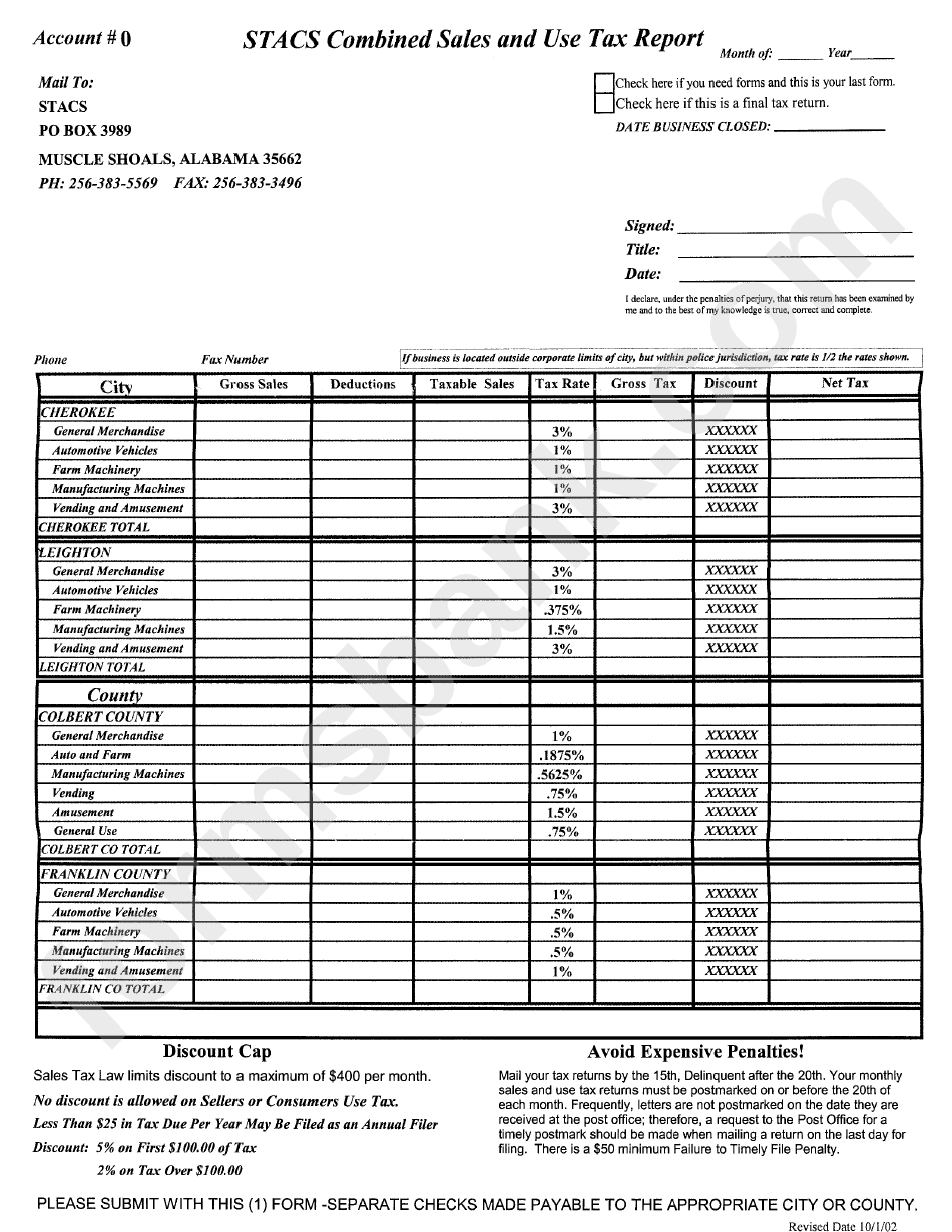 Stacs Combined Sales And Use Tax Report - Muscle Shoals, Alabama Stacs