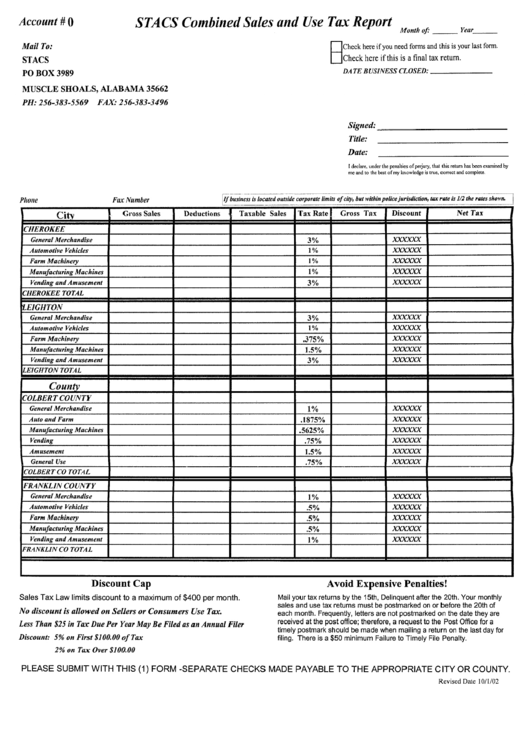 Stacs Combined Sales And Use Tax Report - Muscle Shoals, Alabama Stacs Printable pdf