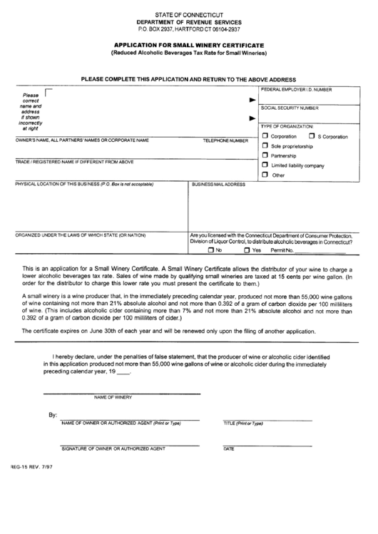 Fillable Form Reg-15 - Application For Small Winery Certificate - State Of Connecticut Printable pdf