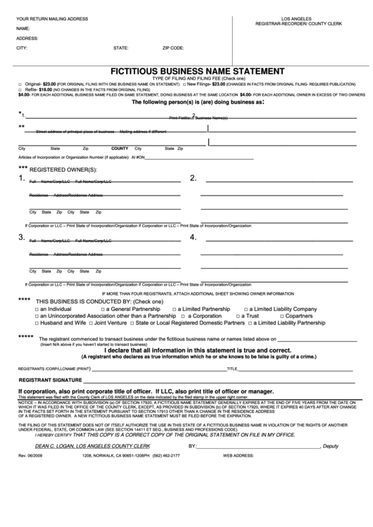 Fillable Fictitious Business Name Statement Form - Los Angeles - 2009