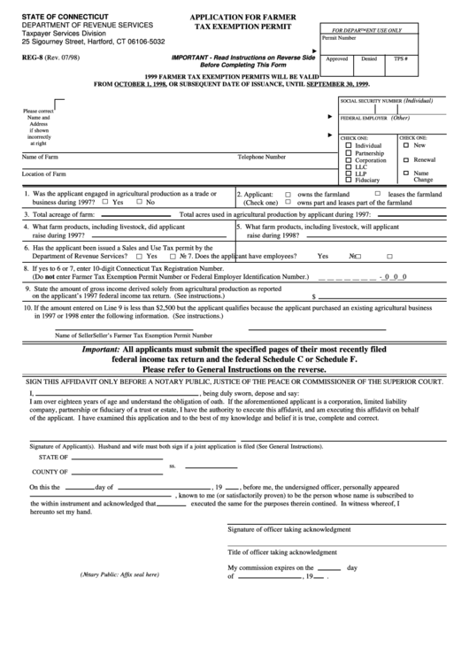 Fillable Form Reg-8 - Application For Farmer Tax Exemption Permit - State Of Connecticut Printable pdf