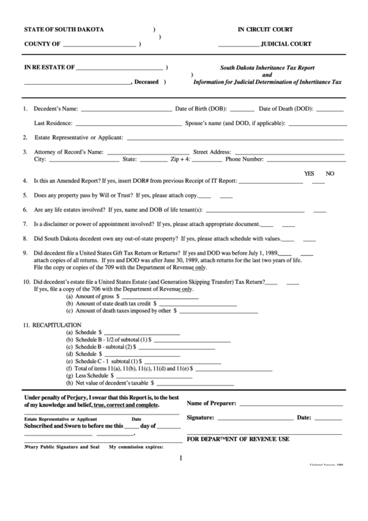 Fillable South Dakota Inheritance Tax Report And Information For Judicial Determination Of Inhertitance Tax Printable pdf
