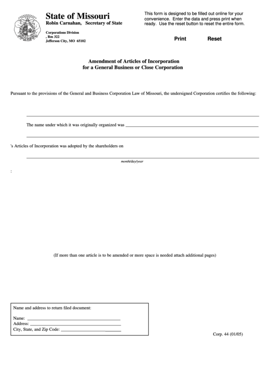Fillable Form Corp. 44 - Amendment Of Articles Of Incorporation For A General Business Or Close Corporation 2005 Printable pdf