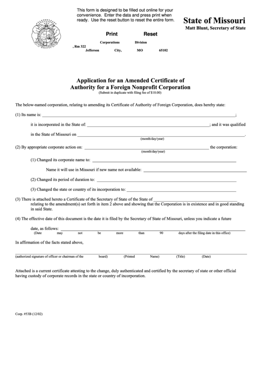 Fillable Form Corp.53b - Application For An Amended Certificate Of Authority For A Foreign Nonprofit Corporation Printable pdf