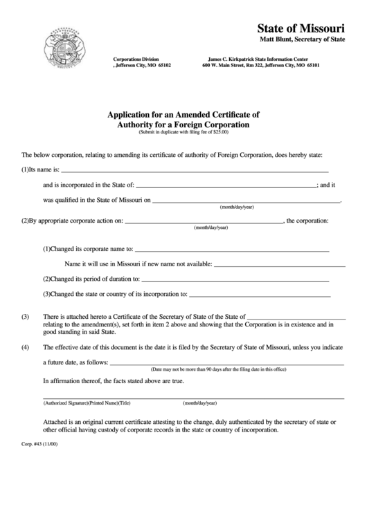 Form Corp.43 - Application For An Amended Certificate Of Authority For A Foreign Corporation Printable pdf