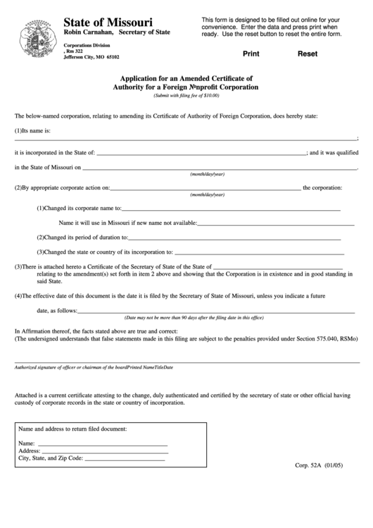 Fillable Form Corp. 52a - Application For An Amended Certificate Of Authority For A Foreign Nonprofit Corporation Printable pdf