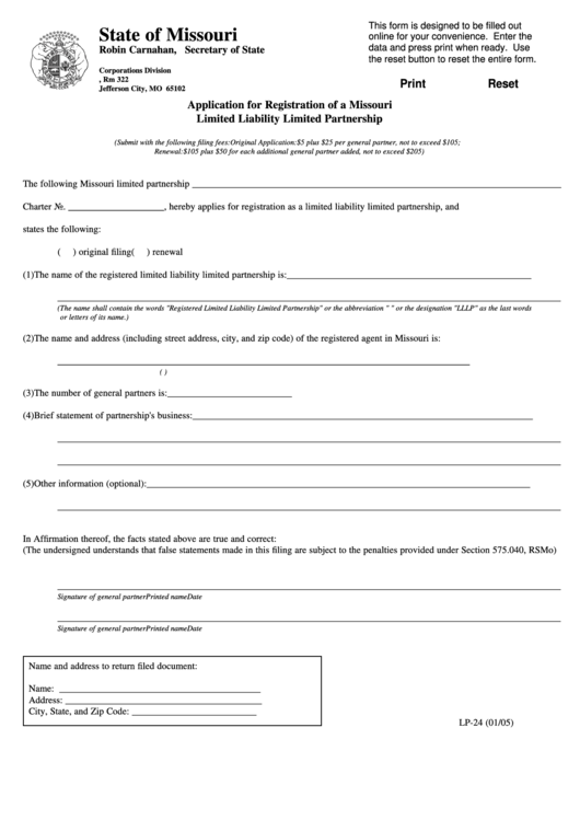 Fillable Form Lp-24 - Application For Registration Of A Missouri Limited Liability Limited Partnership 2005 Printable pdf