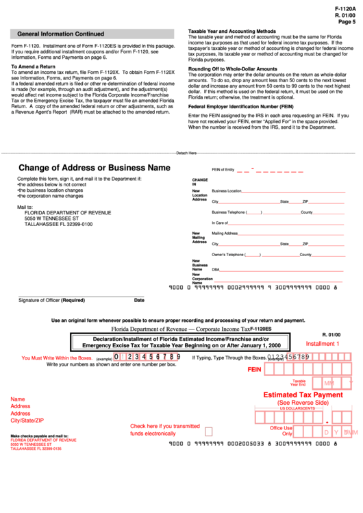 Form F-1120es - Change Of Address Or Business Name Printable pdf