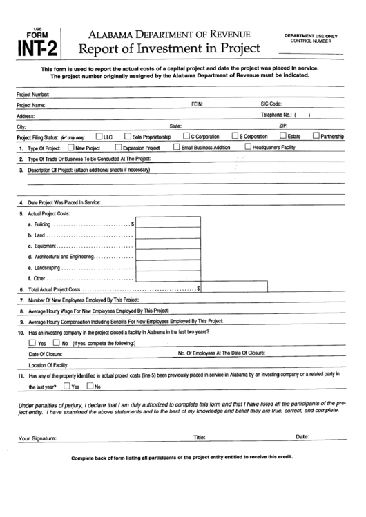 Form Int-2 - Report Of Investment In Project - Alabama Department Of Revenue
