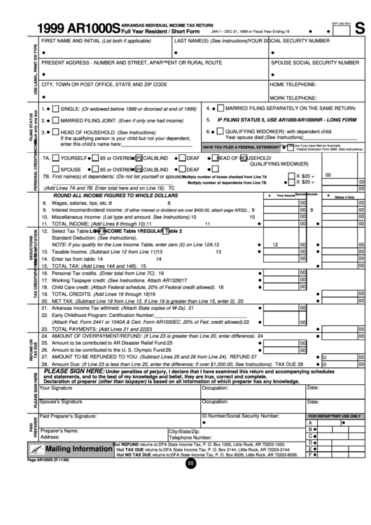 form-ar1000s-arkansas-individual-income-tax-return-full-year-resident-short-form-1999