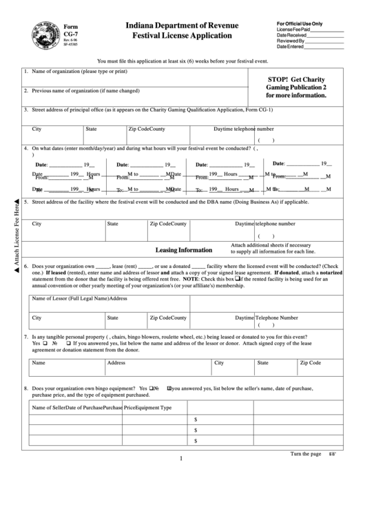 Fillable Form Cg-7 - Festival License Application - Indiana Department Of Revenue - 1996 Printable pdf