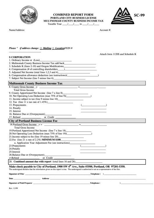 Form Sc-99 - Combined Report Form - Multnomah County Business Income Tax Printable pdf