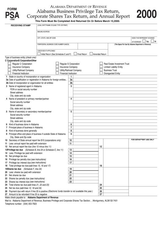 Form Psa - Alabama Business Privilege Tax Return, Corporate Shares Tax Return, And Annual Report (2000)