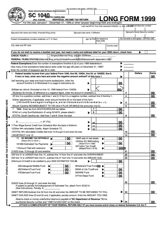 Form Sc 1040 - Individual Income Tax Return (1999) - South Carolina Printable pdf