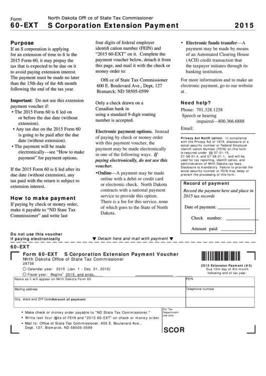 Fillable Form 60-Ext - S Corporation Extension Payment Voucher - 2015 Printable pdf