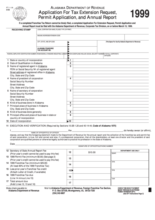 Form Ft 1-1a - Application For Tax Extension Request, Permit Application, And Annual Report (1999) Printable pdf