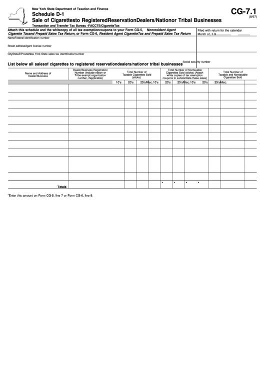 Fillable Form Cg-7.1 - Schedule D-1 - Sale Of Cigarettes To Registered Reservation Dealers/nation Or Tribal Businesses Printable pdf
