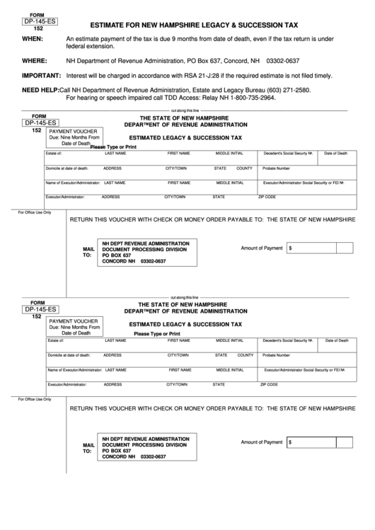 Form Dp-145-Es - Estimate For New Hampshire Legacy & Succession Tax Printable pdf