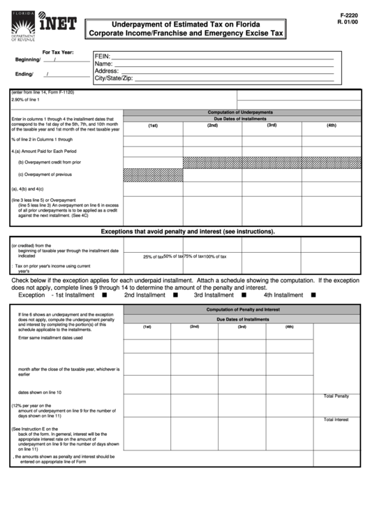 Form F-2220 - Underpayment Of Estimated Tax On Florida Corporate Income/franchise And Emergency Excise Tax - 2000 Printable pdf