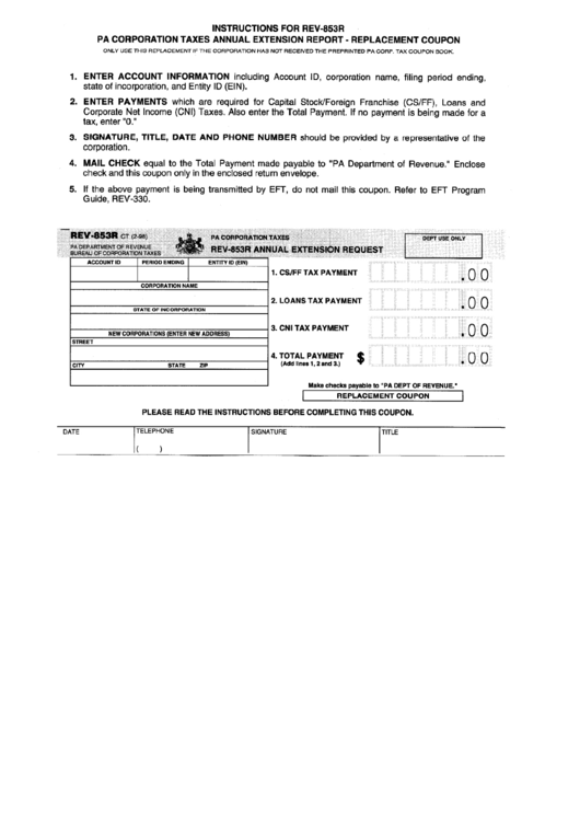 Form Rev-853r - Annual Extension Request - Pa Department Of Revenue Printable pdf
