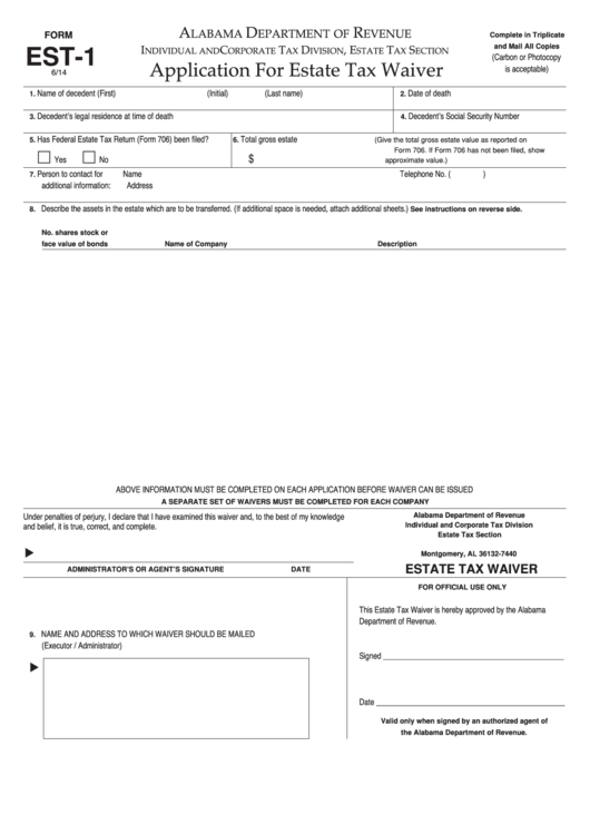 Form Est-1 - Application For Estate Tax Waiver Printable pdf