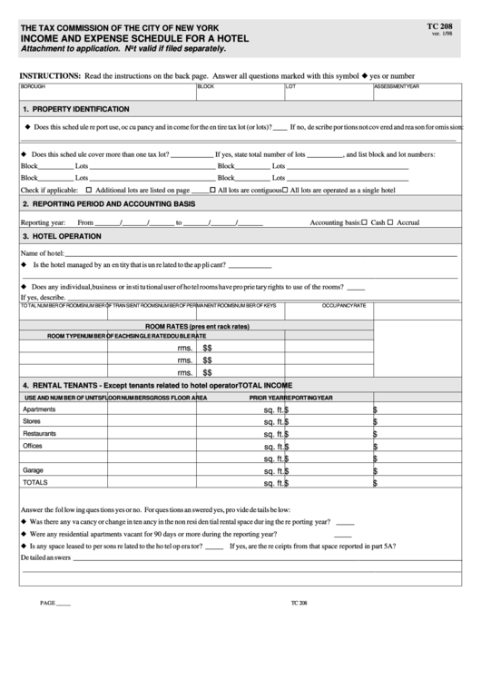 Fillable Form Tc 208 - Income And Expense Schedule For A Hotel - The Tax Com Mis Sion Of The City Of New York Printable pdf