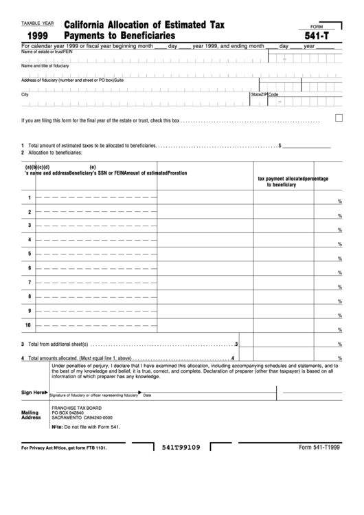 Form 541-T - California Allocation Of Estimated Tax Payments To Beneficiaries - 1999 Printable pdf